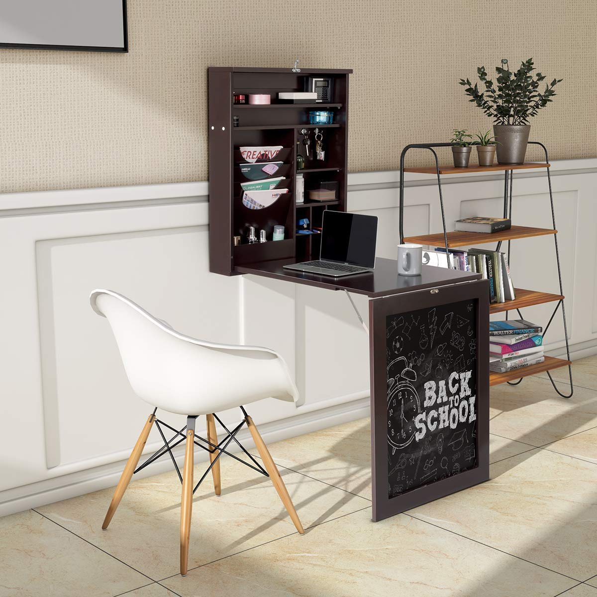 Tangkula Space-Saving Wall-Mounted Desk with Chalkboard and Storage Shelves - WoodArtSupply