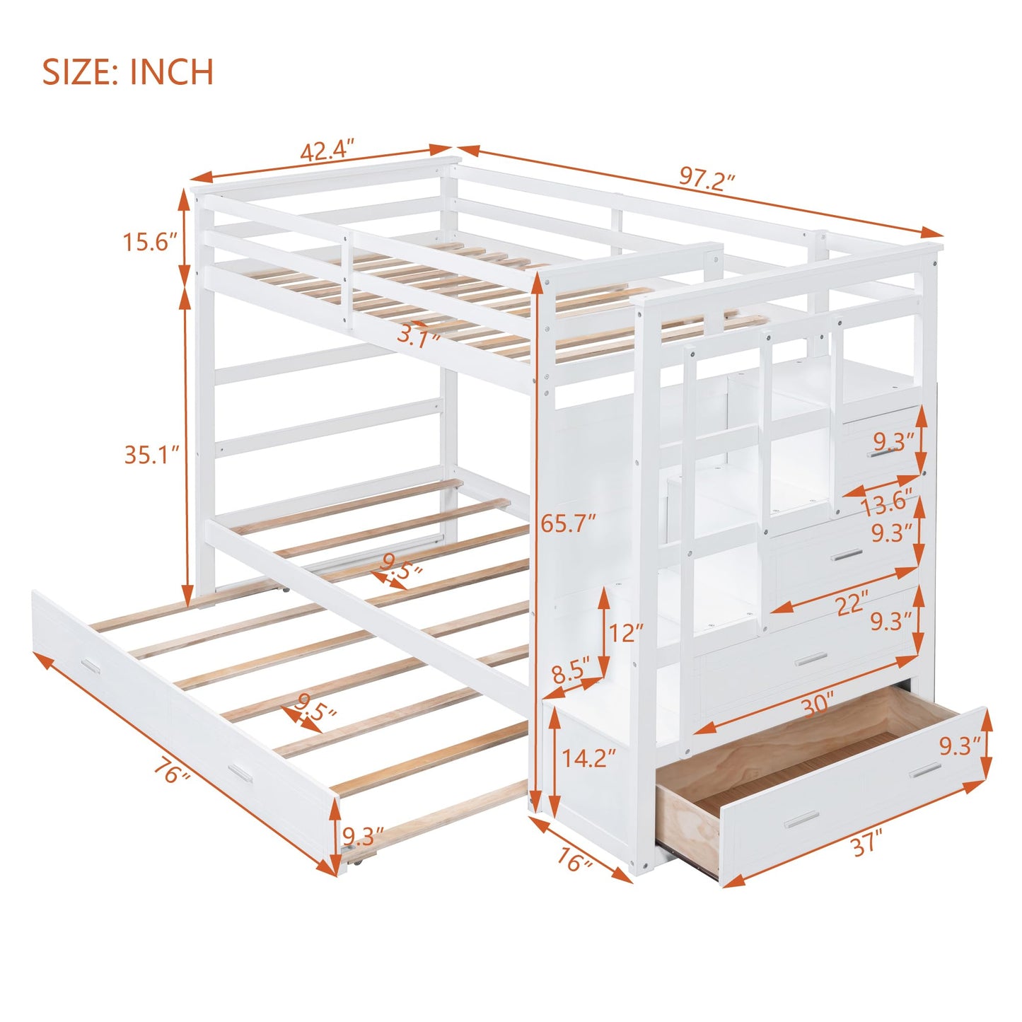 Harper & Bright Designs Twin Over Twin Bunk Bed with Trundle and Staircase, Solid Wood Bunk Bed for Kids Teens Adults (Natural White)