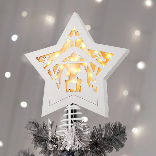 Baquler Christmas Tree Topper Led Lighted Treetop Nativity Christmas Tree Star White Pentagram Tree Top Xmas Star Treetop Decor for Christmas Tree Decoration Winter Wedding Party 8.7 x 10.8 Inch