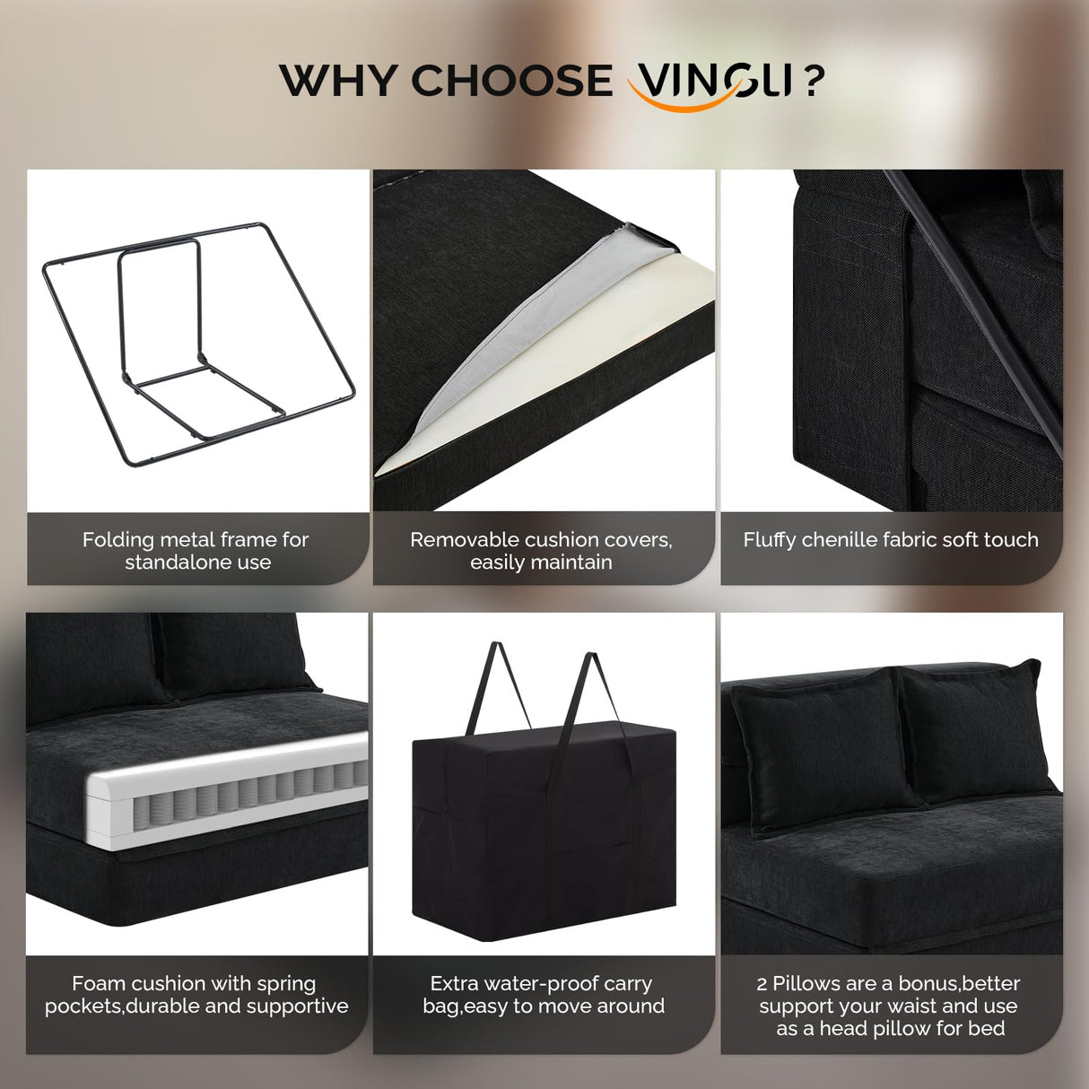 VINGLI Futon Sofa Bed Black Sleeper Sofa Chair Bed Floor Sofa Twin Small Couch Folding Mattress Couches for Living Room Floor Chair Freestanding RV Futon Couch for Indoor and Outdoor VINGLI