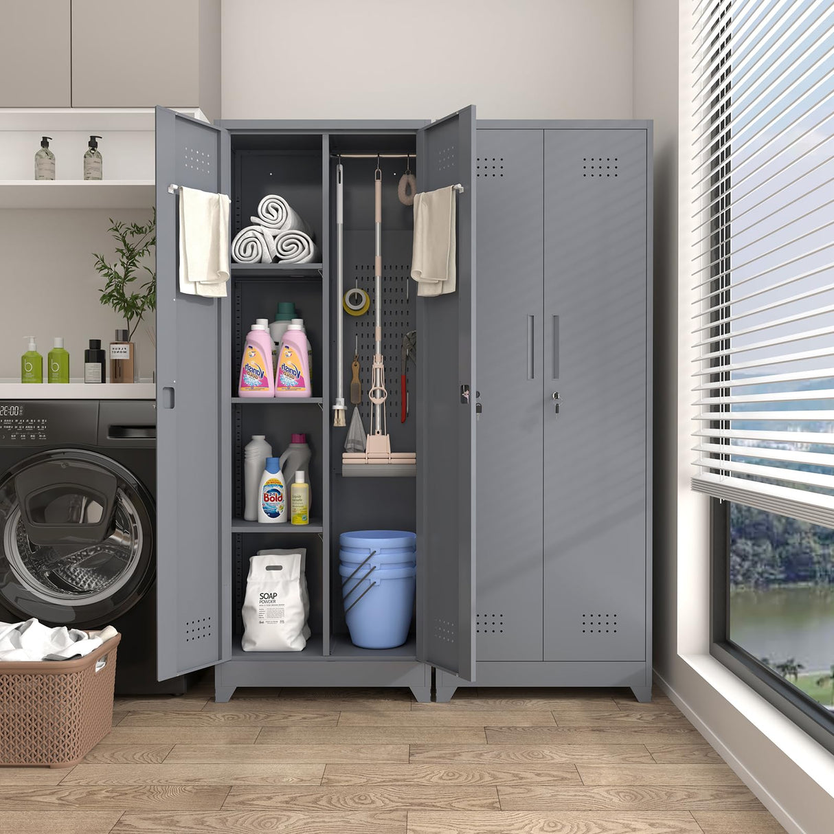 IRONFFICE Broom Storage Cabinet,65" H Utility Closet with Pegboard,Cleaning Cabinet with Locking for Laundry Room,Grey IRONFFICE