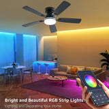 Ayaoty Ceiling Fans with Lights, 48 inch Low Profile Ceiling Fan with Light and Remote Control, Flush Mount RGB Dimmable Light, Noiseless, Black Ceiling Fan for Bedroom Indoor/Outdoor Use Ayaoty