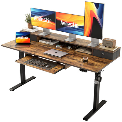 Agilestic Electric Standing Desk with 2 Drawers and Keyboard Tray, 63 x 24 Inches Ergonomic Adjustable Height Desk with Storage, Sit Stand up Desk Computer Workstation, Rustic Brown - WoodArtSupply