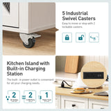 RALGEND Kitchen Island with Storage, Kitchen Cart with Charging Station, Rolling Kitchen Island Table with Drop-Leaf, 3 Drawers, Barn Doors, Towel Rack and Spice Rack, White and Natural RALGEND