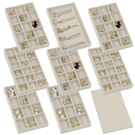 Set of 8 Stackable Jewelry Organizer Trays with 1 Lid for Drawer & Dresser Organizer, Adjustable Velvet Jewelry Box Tray Earring Organizer Necklace Storage Ring Bracelet Display Case (Beige) Fordonral