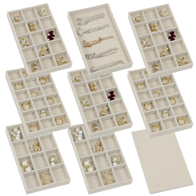 Set of 8 Stackable Jewelry Organizer Trays with 1 Lid for Drawer & Dresser Organizer, Adjustable Velvet Jewelry Box Tray Earring Organizer Necklace Storage Ring Bracelet Display Case (Beige)