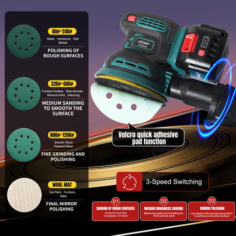 Orbital Sander with 2x20V 4Ah Batteries and 1xCharger,5 inch Variable Speed Cordless Orbital Sander, Brushless Motor Cordless Palm Sander for Woodworking, Sanding, Polishing-JOVANT jovant