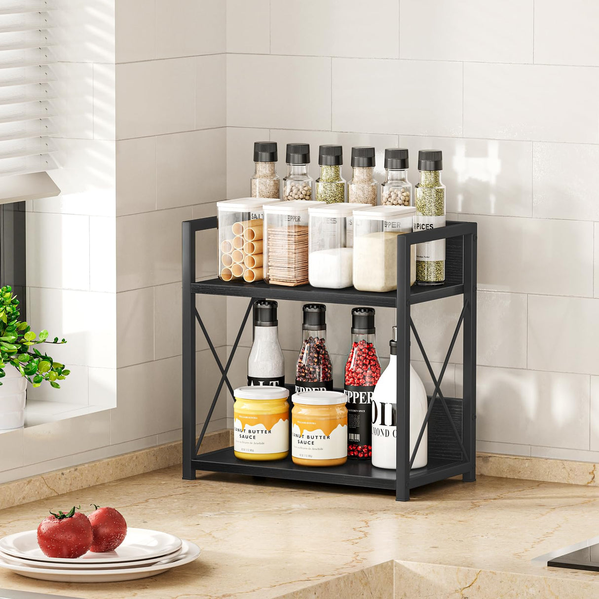 Giikin Countertop Organizer, 2 Tier Coffee Station Organizer for Desktop, Wood Counter Shelf Spice Rack for Kitchen (Black, M) Giikin