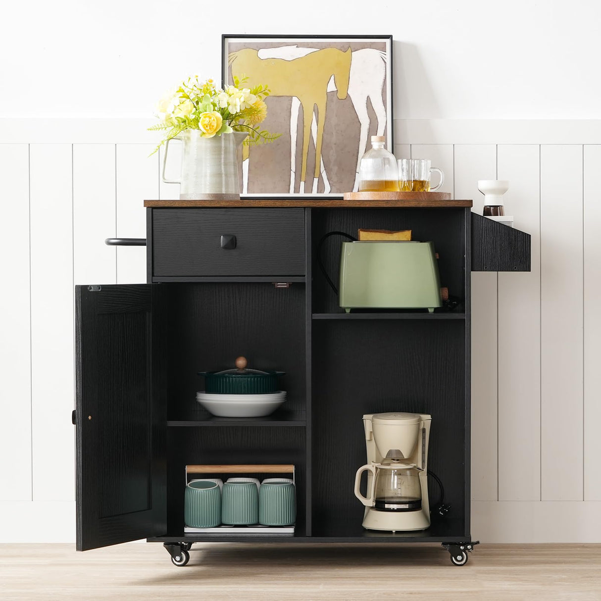 HOOBRO Kitchen Island, Storage Cabinet with Drawer, Kitchen Cart with Spice and Towel Rack, Saving Space, Easy Assembly, for Living Room, Rustic Brown and Black FB12ZD01 HOOBRO