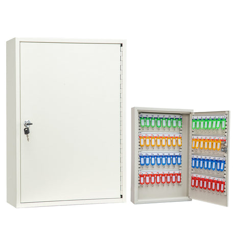 Furnishh Key Lock Box Wall Mount 64 Position Metal Locking Key Cabinet Organizer with Key Tags Key Safe Security Storage Lockbox Holder for Valets, Hotels, Car and House Keys, Key Keeper Box - White Furnishh