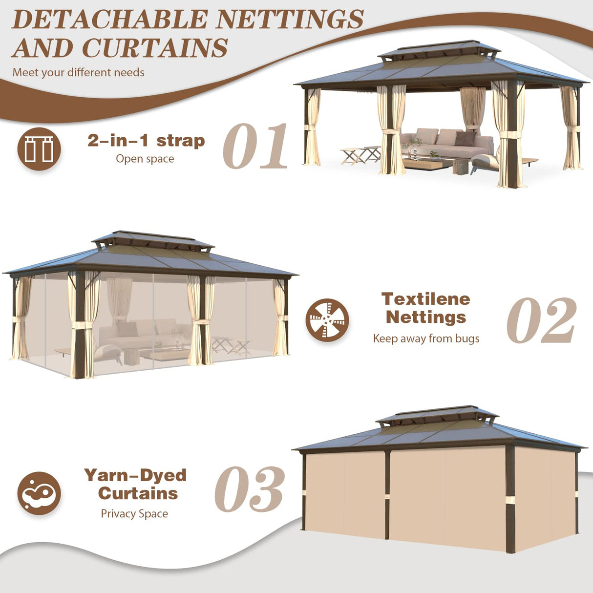 EROMMY 12' x 20' Gazebo Polycarbonate Double Roof Canopy with Aluminum Frame, Outdoor Permanent Metal Pavilion with Netting and Curtains for Garden Patio Lawns EROMMY