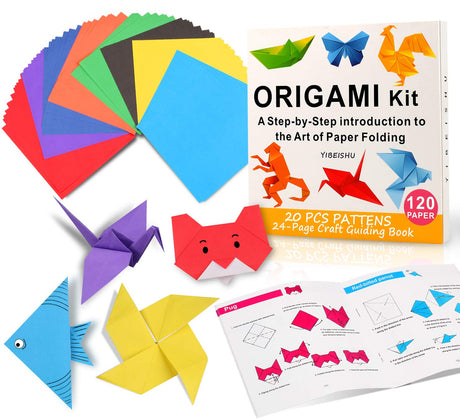 Yibeishu Origami Kit for Kids, 120 Sheets Origami Paper with Instructions Book, 6x6 Inch Square Easy Single Sided Color Folding Paper Set for Beginners Adults Kids Activity Birthday Christmas Gift Yibeishu