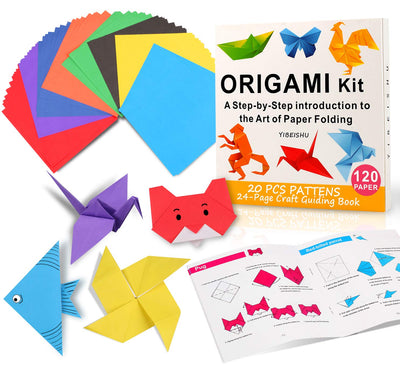 Yibeishu Origami Kit for Kids, 120 Sheets Origami Paper with Instructions Book, 6x6 Inch Square Easy Single Sided Color Folding Paper Set for Beginners Adults Kids Activity Birthday Christmas Gift