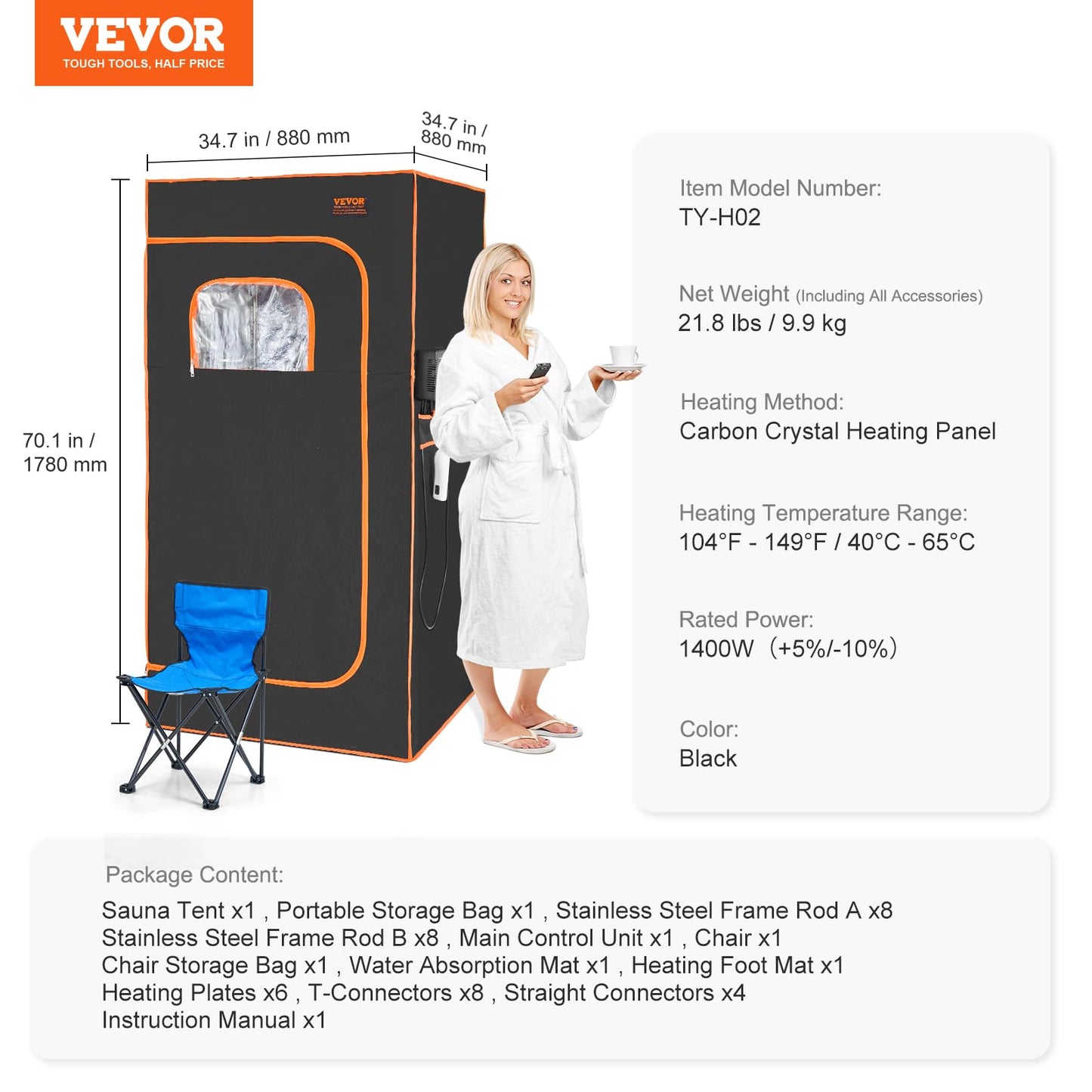 VEVOR Infrared Portable Sauna Tent, 1400W Personal Sauna Kit for Home Spa Heated Body Therapy, Time & Temperature Remote Control with Chair & Floor Mat & Storage Bag, Black, 2.9’x 2.9’x 5.8’