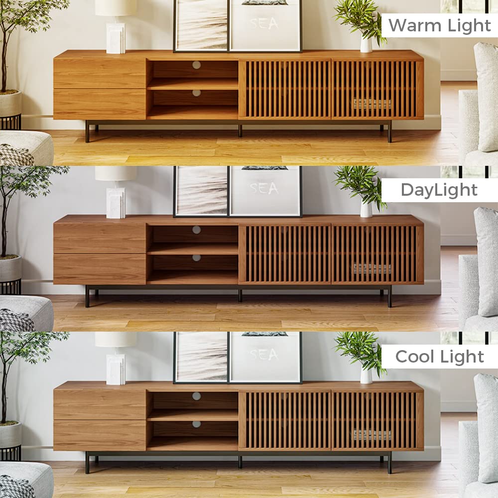 POVISON Modern Media Console with Storage, 95'' Solid Wood TV Stand for 75+ Inch TV, Farmhouse Slatted Door Entertainment Center, Full Assembled Tall POVISON