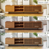 POVISON Modern Media Console with Storage, 95'' Solid Wood TV Stand for 75+ Inch TV, Farmhouse Slatted Door Entertainment Center, Full Assembled Tall POVISON