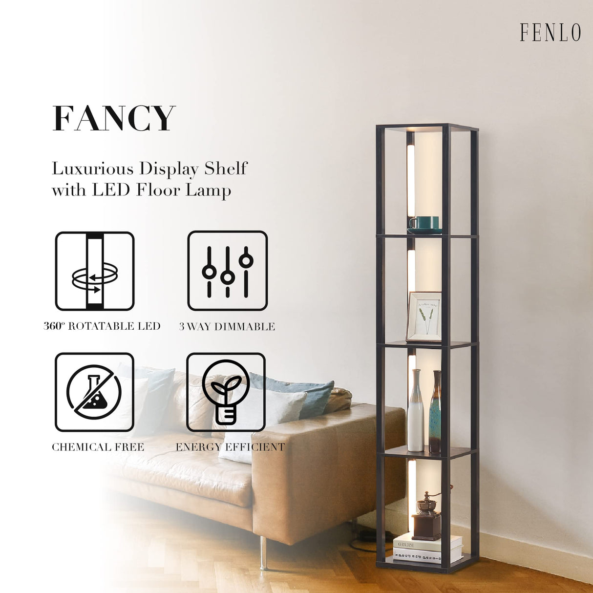 FENLO Fancy - 64" Display Shelf with Lights, LED Shelf Floor Lamps for Living Room, Sturdy Corner Shelf Curio Cabinet Display, Tall Floor Lamps with FENLO
