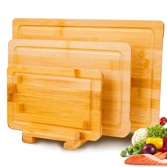 Cutting Boards for Kitchen,Wood Cutting Board Set of 3,Thick Wooden Chopping Board with Holder,Bamboo Cutting Boards Dishwasher Safe, Butcher Block Cutting Board for Meat