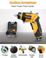 VIGRUE Cordless Screwdriver, Rechargeable Electric Screwdriver with 45 Free Accessories, Battery Indicator, 7 Torque Setting, 2 Position Handle with LED Light, Flexible Shaft VIGRUE