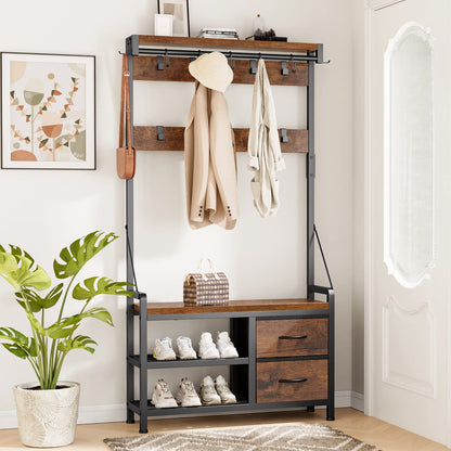 Lulive Hall Tree, 31.5” Entryway Bench with Coat Rack freestanding, 5 in 1 Intelligent Design Shoe Bench and Wall Rack 17 Hooks and Drawers (Rustic Brown) - WoodArtSupply