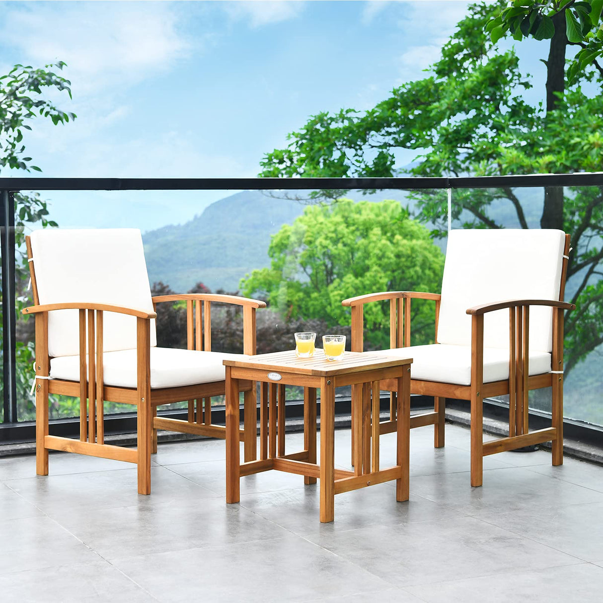Tangkula 3 Pieces Patio Furniture Set, Includes Set of 2 Outdoor Acacia Wood Cushioned Chairs and Coffee Table, for Garden, Backyard, Poolside, Bistro and Deck, Patio Conversation Chat Set (White) Tangkula