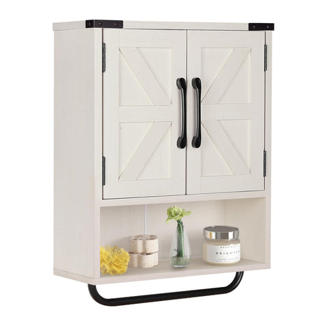 RUSTOWN Farmhouse Wall Storage Cabinet with Two Barn Door, Rustic Mounted Medicine Cabinet with Adjustable Shelf and Towel Bar, 3-Tier Wood Cabinet for Kitchen, Bathroom, Living Room (Vintage White) RUSTOWN