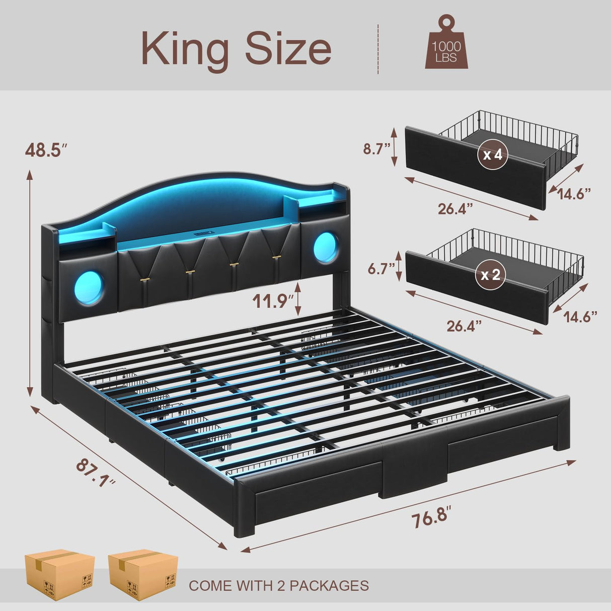 King Size Bed Frame,Platform Bed Frame King Size with 6 Storage Drawers & Headboard, King Bed with LED Lights&Charging Station,Sturdy Metal Slats,Noise-Free,No Box Spring Needed,Easy Assembly,PU Black Tagafi