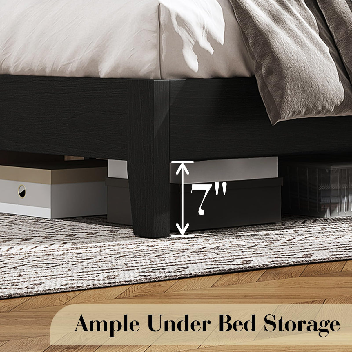 LUXOAK Queen Size Solid Wood Bed Frame with 48.4 inch Tall Headboard, Mid-Century Modern Platform Bed with Wooden Slats and Metal Frame. No Box Spring Needed, Easy Assembly, Black LUXOAK