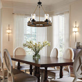 Rustic 6 Light Wagon Wheel Chandelier, Round Wood Pendant Light with Seeded Glass Shade, Farmhouse Chandeliers for Dining Room Kitchen Island Foyer Entryway BAOURE