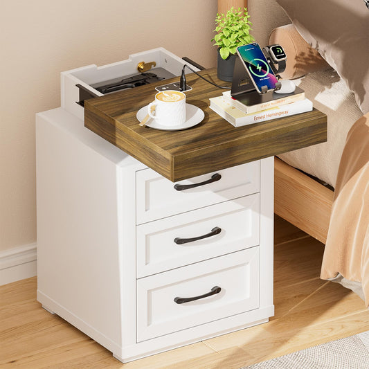 BROTTAR Nightstand with Gun Drawer, Farmhouse LED Bedside Table with Charging Station, 3 Color LED, Human Sensor Design for Bedroom, End Table, White - WoodArtSupply