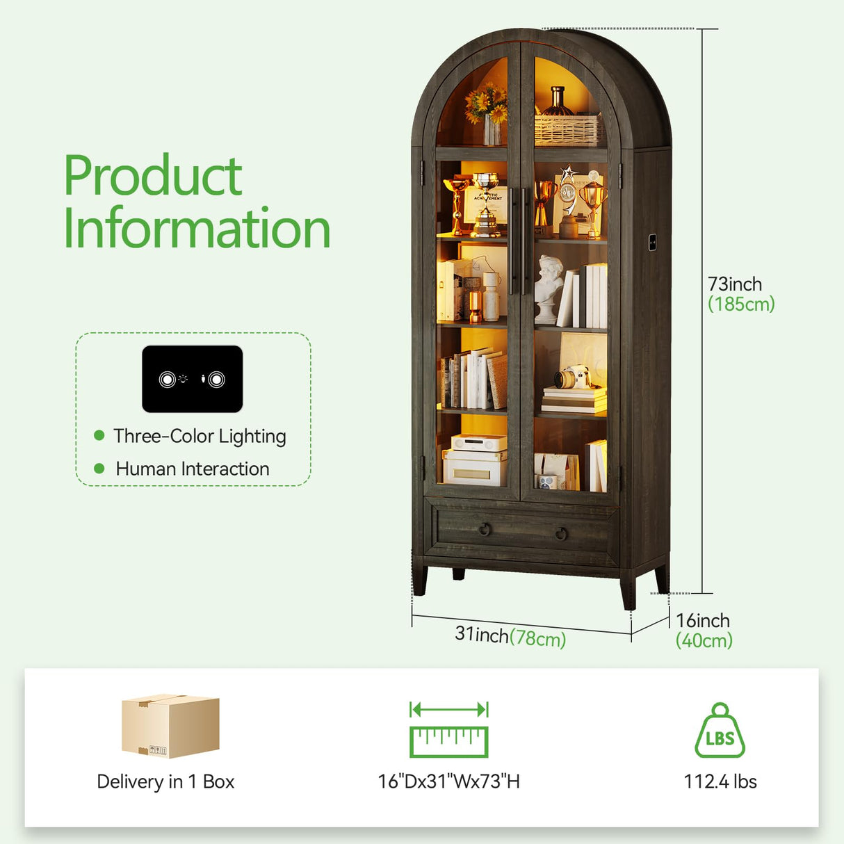HNEBC Book Shelf with LED Lights, Arched Display Case with Storage Cabinet, Smart File Cabinet with Glass Door, Curio Cabinet with Solid Wood Legs for Home Office/Bedroom Furnniture-Brown HNEBC