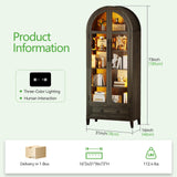 HNEBC Book Shelf with LED Lights, Arched Display Case with Storage Cabinet, Smart File Cabinet with Glass Door, Curio Cabinet with Solid Wood Legs for Home Office/Bedroom Furnniture-Brown HNEBC