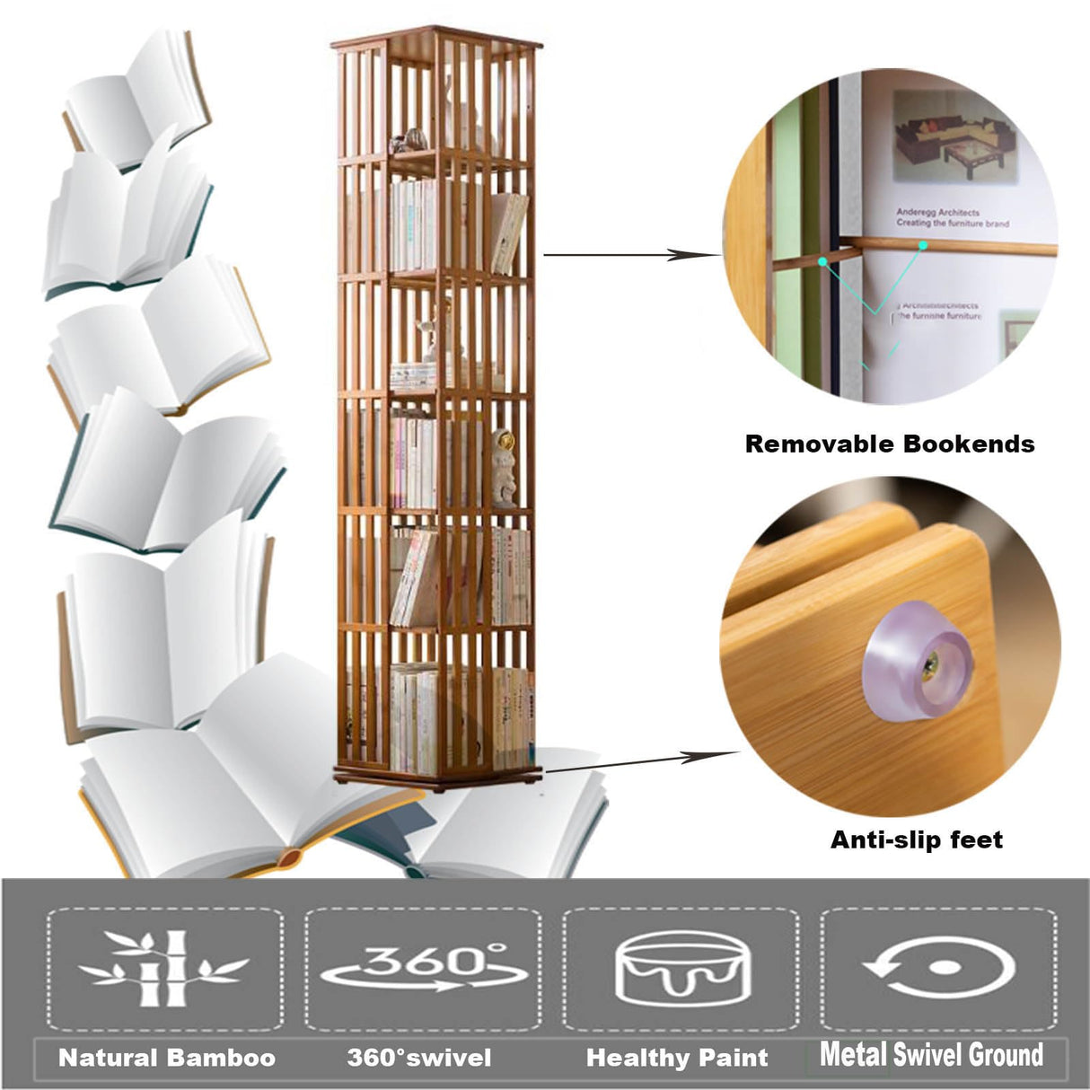 XAFNG 360-Degree Rotating Bamboo Bookcase - 5/6 Tier Freestanding Storage Organizer for Home and Office WoodArtSupply