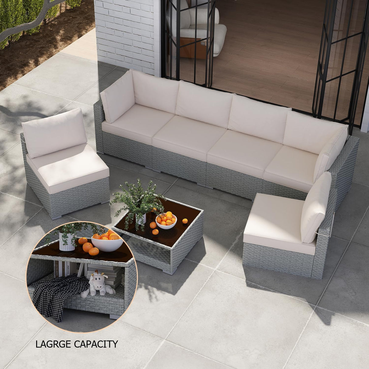 Aug-guan Patio Furniture Set 7-Piece, All-Weather Outdoor Conversation Set Sectional Sofa with Water Resistant Grey Thick Cushions and Coffee Table（Khaki） Aug-guan