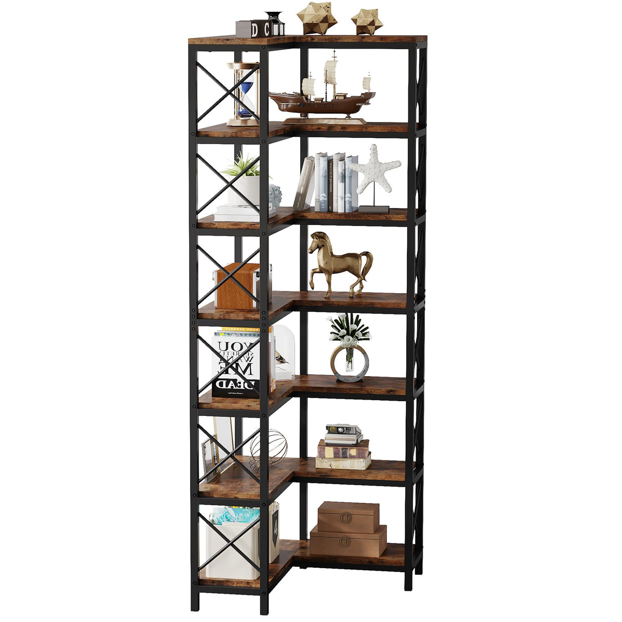 Tribesigns Modern 7-Shelf Corner Bookshelf with Metal Frame in Black Tribesigns