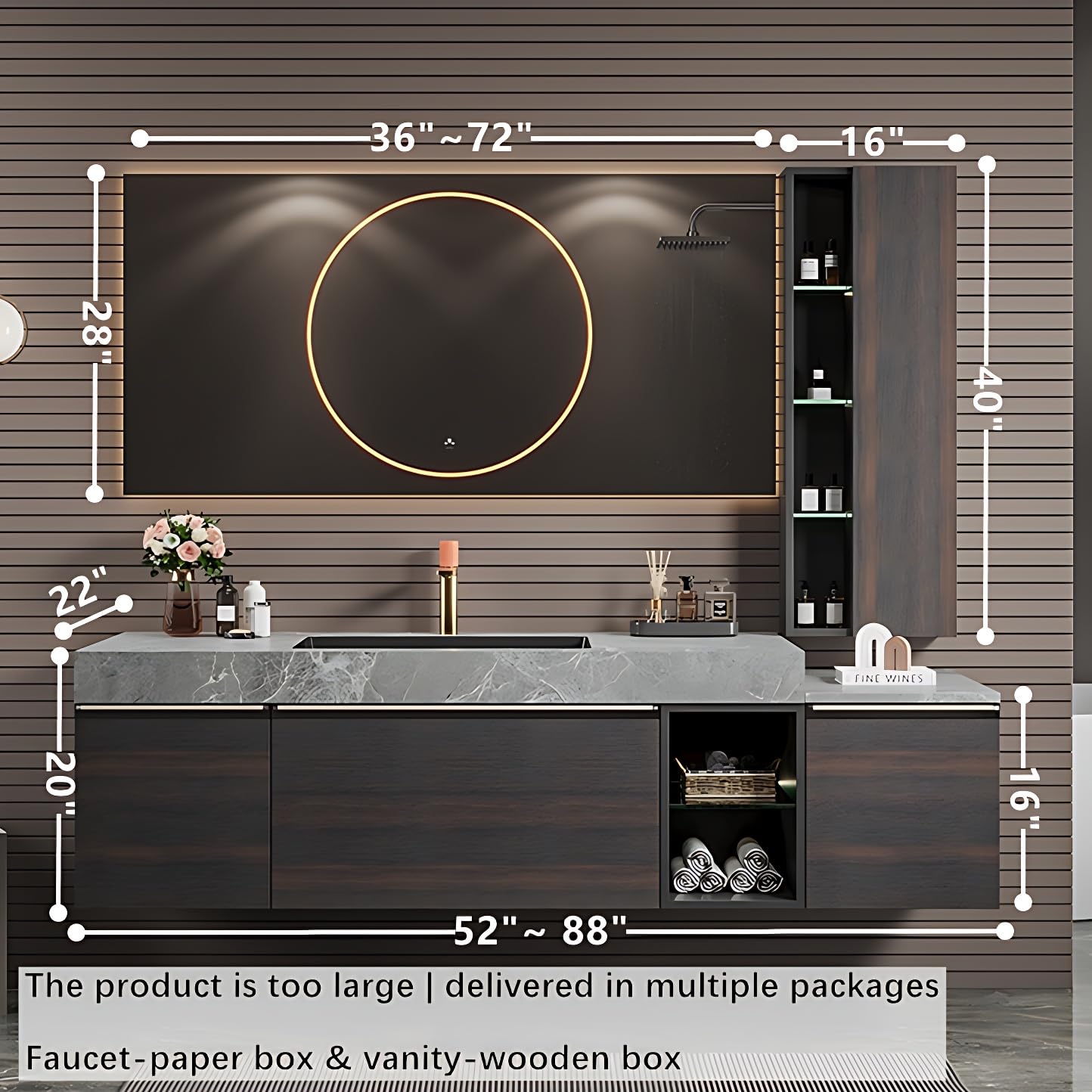 ZGNBSD Bathroom Vanity with Sink- Solid Wood Bathroom Vanity Include Smart LED Defog Mirror ＆ Multi-Cabinet Storage Space, Wall Mounted Bathroom Vanity Cabinet (60'')