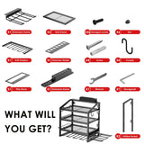 Power Tool Organizer Wall Mount with Charging Station, 4 Layer Storage Rack and Tool Holder for Garage Organization, 6 Drill Holder Wall Mount, 4 Hooks and 6 Outlet Power Strip, Great Men's Gift FULOOPHI