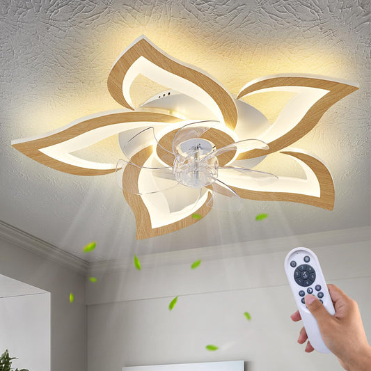 Dalouguan Geometric Ceiling Fan with Lights Remote Control, Wooden Ceiling Fan with Light, 3 Light Color 6 Speeds Low Profile Flush Mount Ceiling Fan for Kitchen Bedroom Living Room