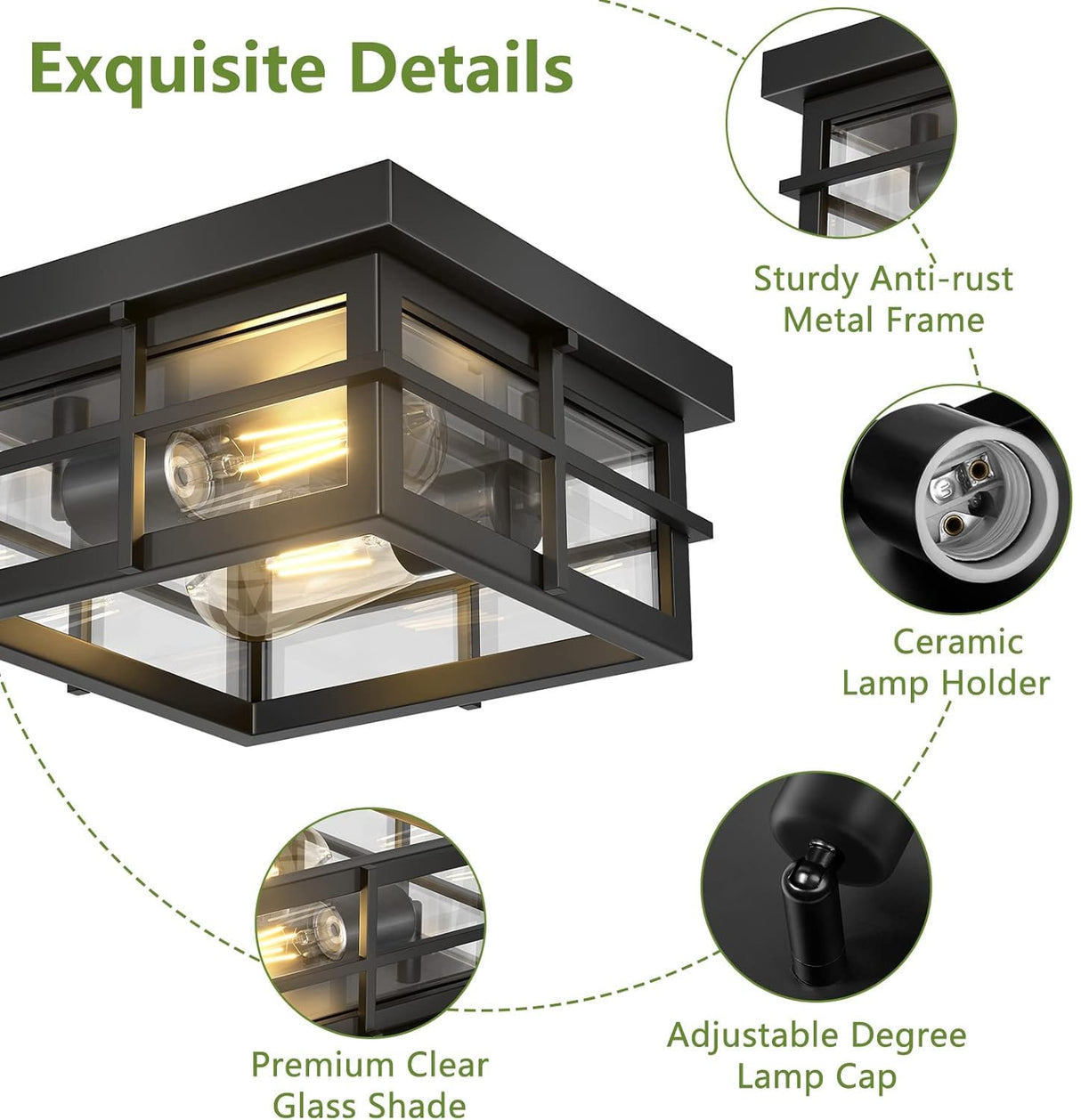 Asnxcju Modern Outdoor Ceiling Light Fixtures, 2-Light Black Flush Mount Light Fixtures with Clear Glass Shade, Farmhouse Square Ceiling Lighting for Porch Bathroom Kitchen (Bulbs Not Included) Asnxcju