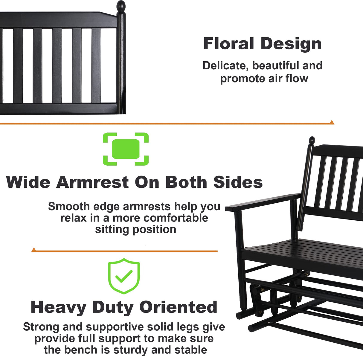 Fadidio Patio Glider Bench Outdoor, Porch Swing Glider for Outside, Wooden 2-Person Loveseat Rocking Bench Funiture, Black Gliders Fadidio
