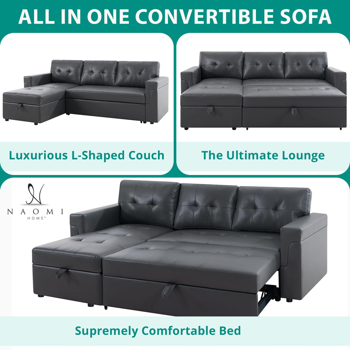 Naomi Home Jenny Sectional Sofa Sleeper with Storage Chaise, Tufted Pull Out Couch with Storage, Sectional Sofa Bed, L-Shaped Reversible Sleeper Sofa with Storage, Dark Gray,Air Leather Naomi Home
