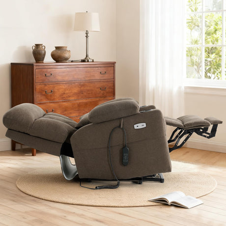 Infinite Position Power Lift Recliner Chair for Elderly with Adjustable Headrest, Lay Flat Recliner Chair for Adults W/Massage & Heat, Cup Holders, Tri-Motor Power Lift Chairs, Fabric,Brown BEDHOURS
