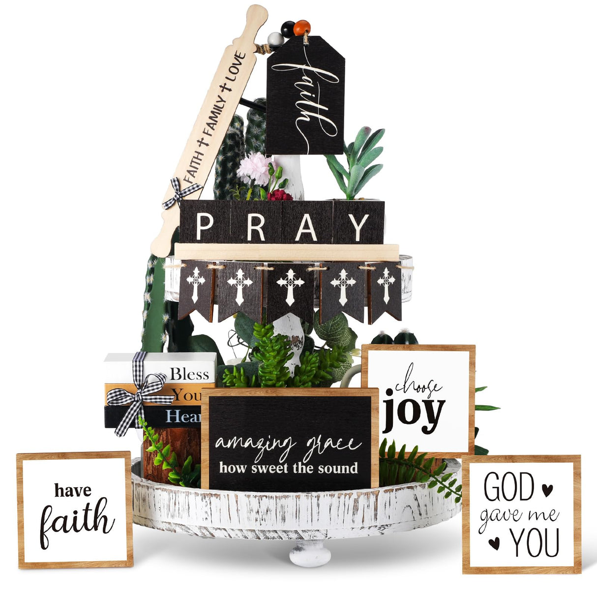 Tatuo 13 Pcs Religious Tiered Tray Decor Set Faith Wooden Table Decor Christian Farmhouse Decorations Rustic Faith Pray Cross Wood Block Signs for Home Church Tabletop Centerpieces Easter Decor Tatuo