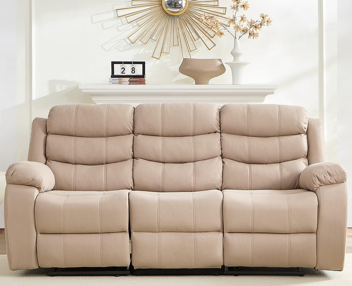 Mjkone Recliner Home Theater Seating, 3 Seater Power Reclining Sofa Chair, Manual Control Recliner Couch with Cup Holders & Flipped Middle Backrest & Table, Modern Couches for Living Room, Beige Mjkone