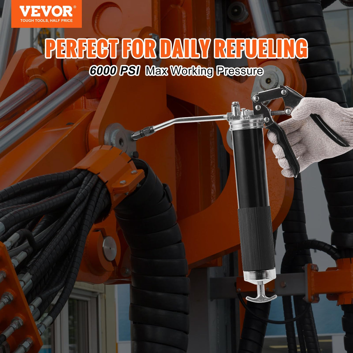 VEVOR Grease Gun, 6000 PSI Heavy Duty Pistol Grip Grease Gun, Grease Gun Kit with 14 oz Load, 17.72 Inch Flexible Hose, 1 Flat Couplers, 1 Pointed Coupler, and 1 Bent Metal Pipe VEVOR