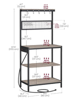 VASAGLE Bakers Rack with Charging Station, 80 cm Coffee Bar with Adjustable Storage Shelf, Microwave Stand, Grid Panel, 12 Hooks, for Kitchen, Heather Greige and Ink Black UKKS016K02 VASAGLE