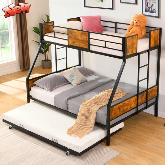 ZMIZAKOY Twin Over Full Bunk Beds with Trundle Bed,Heavy Duty Metal Bed Frame with Safety Rail 2 Side Ladders for Boys Girls Adults,Triple Bunk Bed No Box Spring Needed Space-Saving(Black)