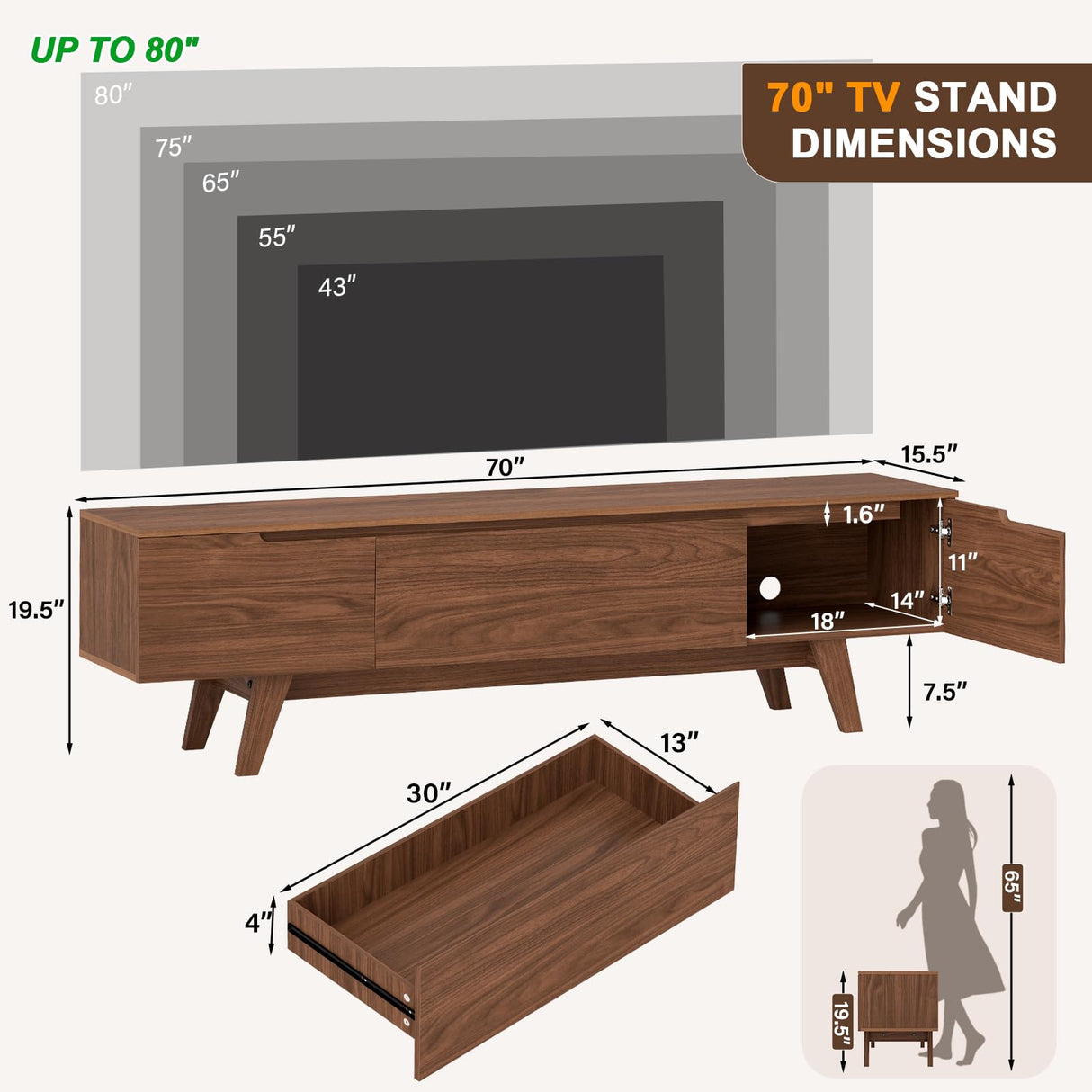ANJ Mid Century TV Stand, Modern Long TV Console for 80 inch TV, Entertainment Center with Ample Large Storage Cabinet, Wooden Television Furniture for Living Room (Walnut 70") ANJ