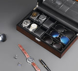 BEWISHOME Watch Box Sunglass Organizer with Real Glass Top, 6 Watch Case and 3 Slots Sunglasses Box for Men, Smooth Faux Leather Interior, Brown SSH15Y BEWISHOME