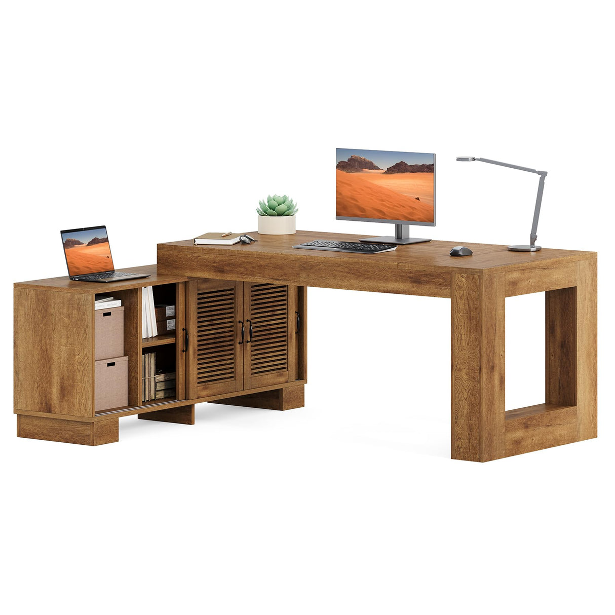 LITTLE TREE 63" L Shaped Executive Desk with Storage, Farmhouse Home Office Desk with 2-Tier Cabinets and Shelves, Large Wooden Computer Table Business Furniture Workstation Set, Brown LITTLE TREE